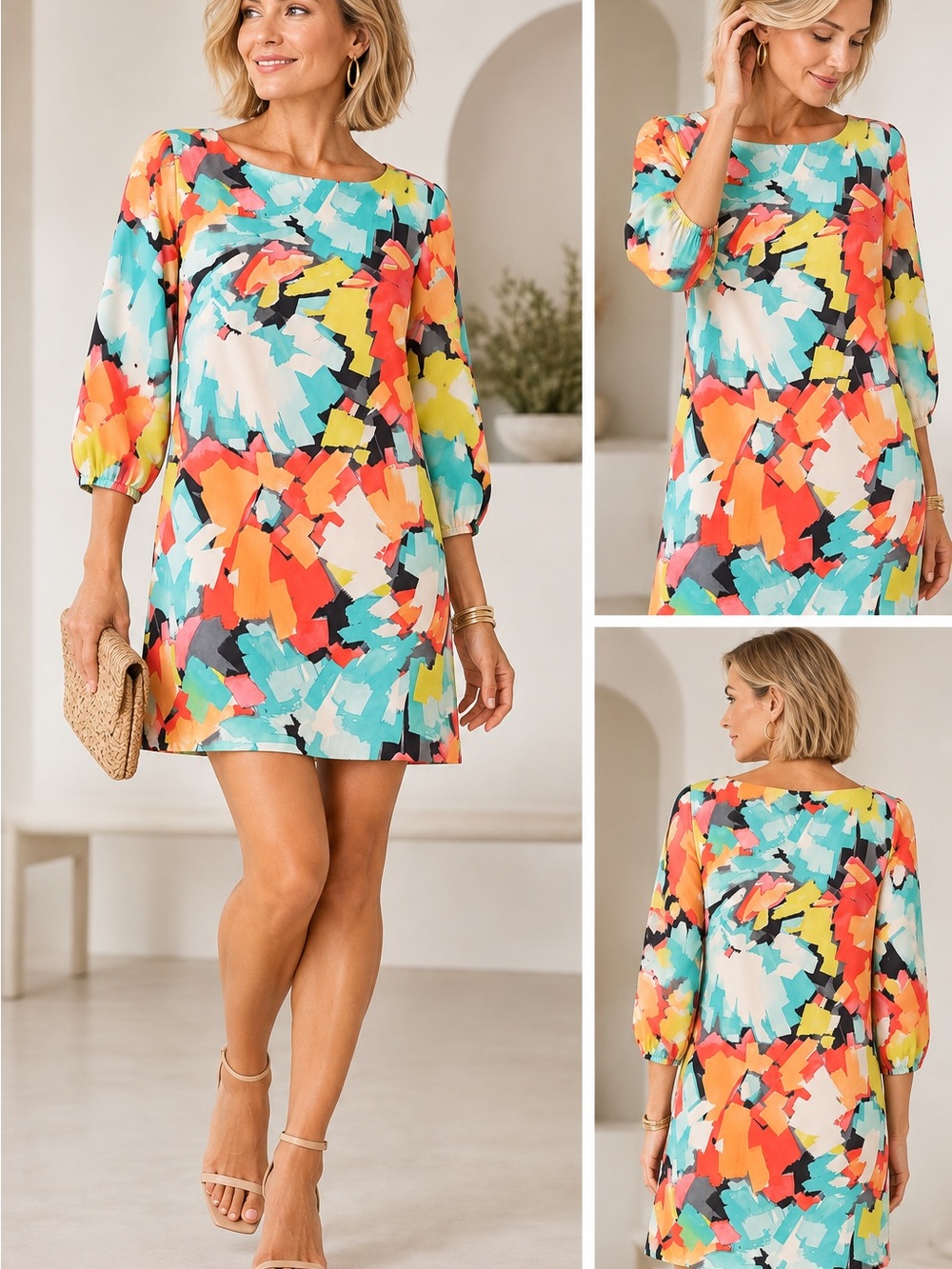 Trina Turk 100% Silk Abstract Print Shift Dress 3/4 Sleeve Size 4